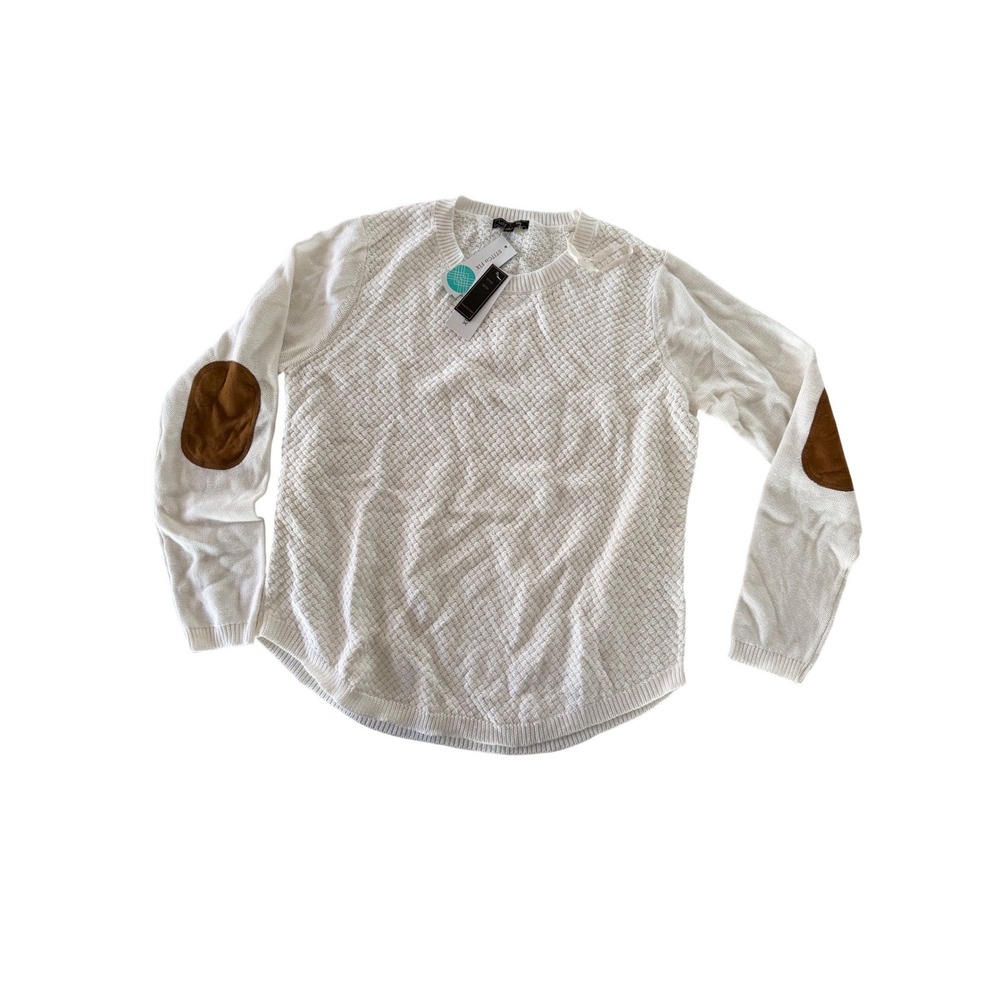 Lety & Me Ivory Textured Knit Sweater Brown Elbow Patches Crew Neck Large NWT